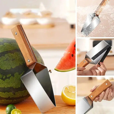 Watermelon splitter with a wooden handle and stainless steel blade, shown cutting watermelon and being washed for easy cleaning.